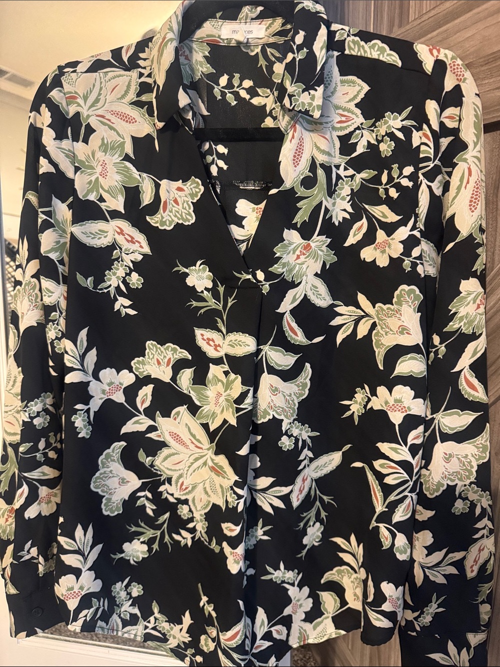 Maurices Black Floral v-Neck Blouse with Cream and Light Green Print size Medium